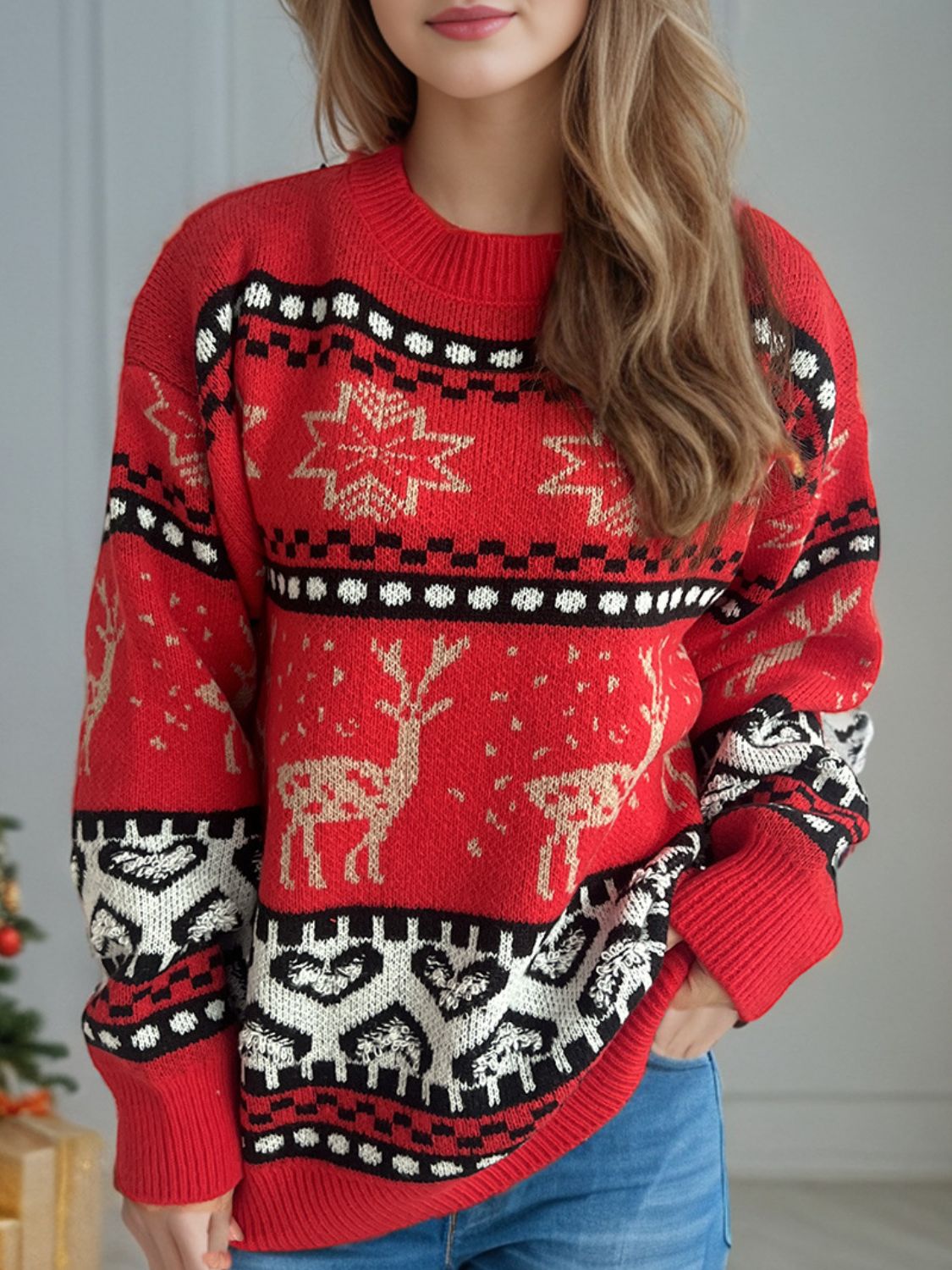 Christmas Element Round Neck Long Sleeve Sweater - Sydney So Sweet