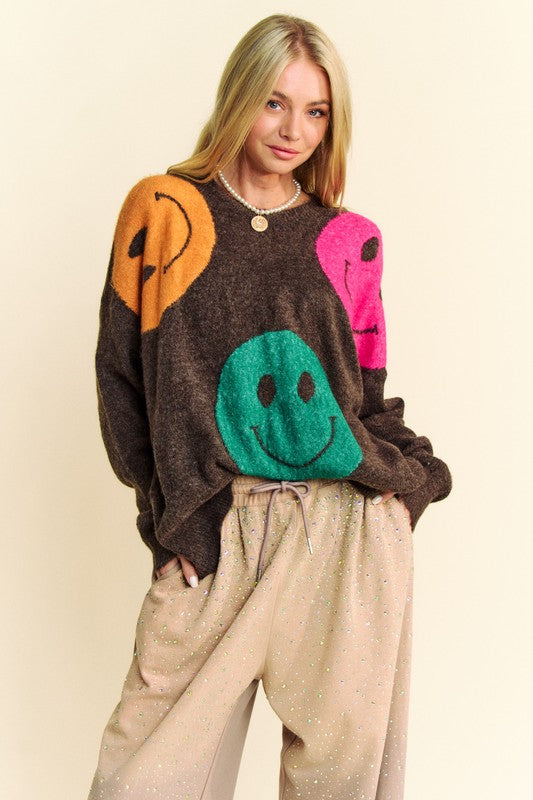 Davi &amp; Dani Contrast Smile Round Neck Oversize Sweater - Sydney So Sweet