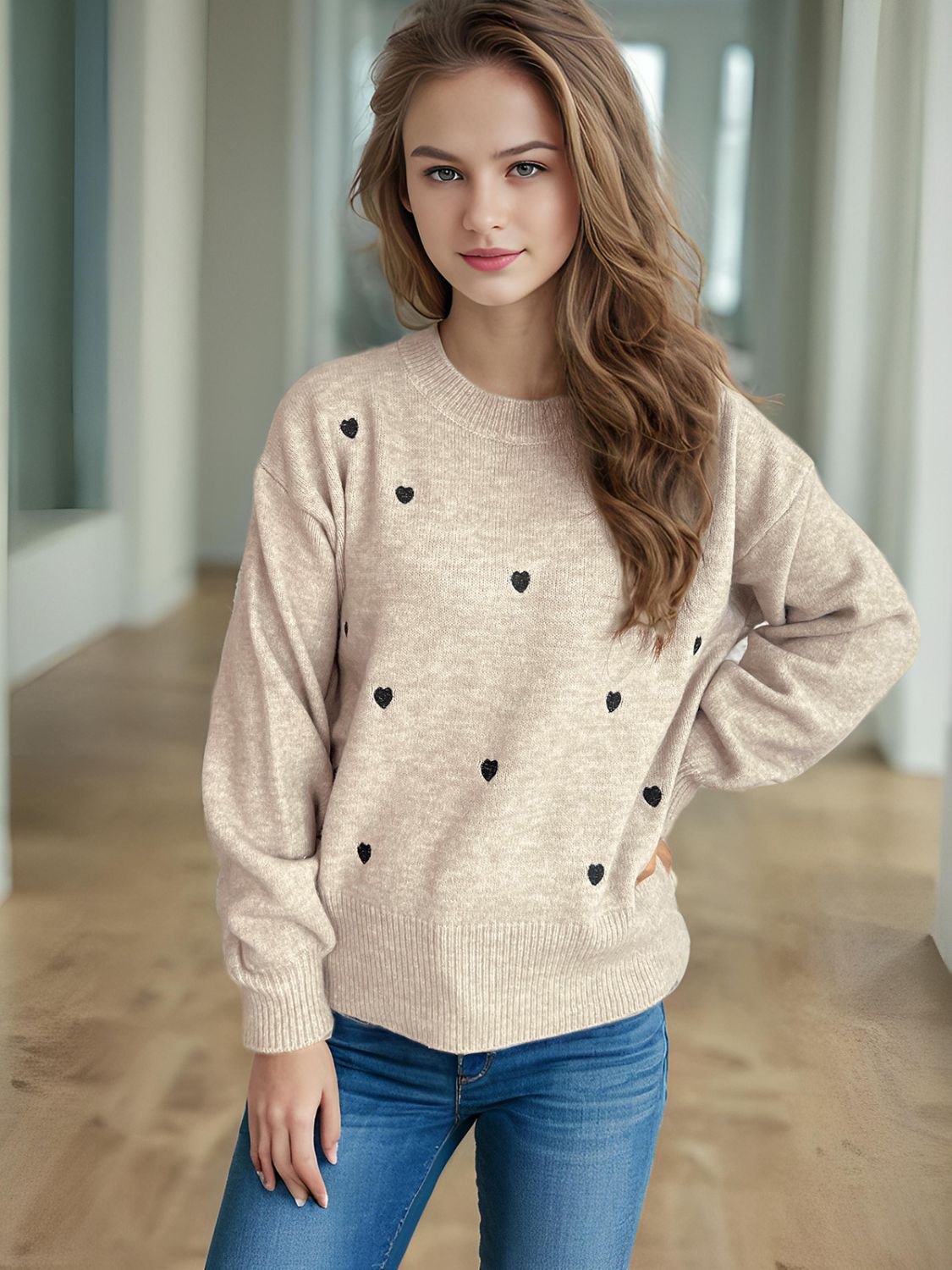 Heart Round Neck Long Sleeve Sweater - Sydney So Sweet