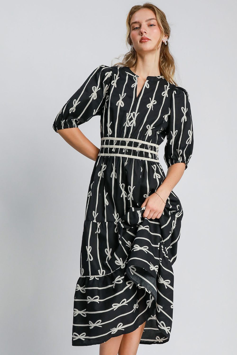 Umgee Bow Tie Print Notched Contrast Velvet Trim Midi Dress - Sydney So Sweet