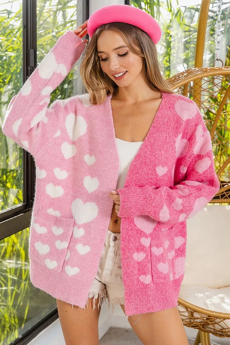 BiBi Heart Color Block V-Beck Knit Cardigan with Pockets - Sydney So Sweet