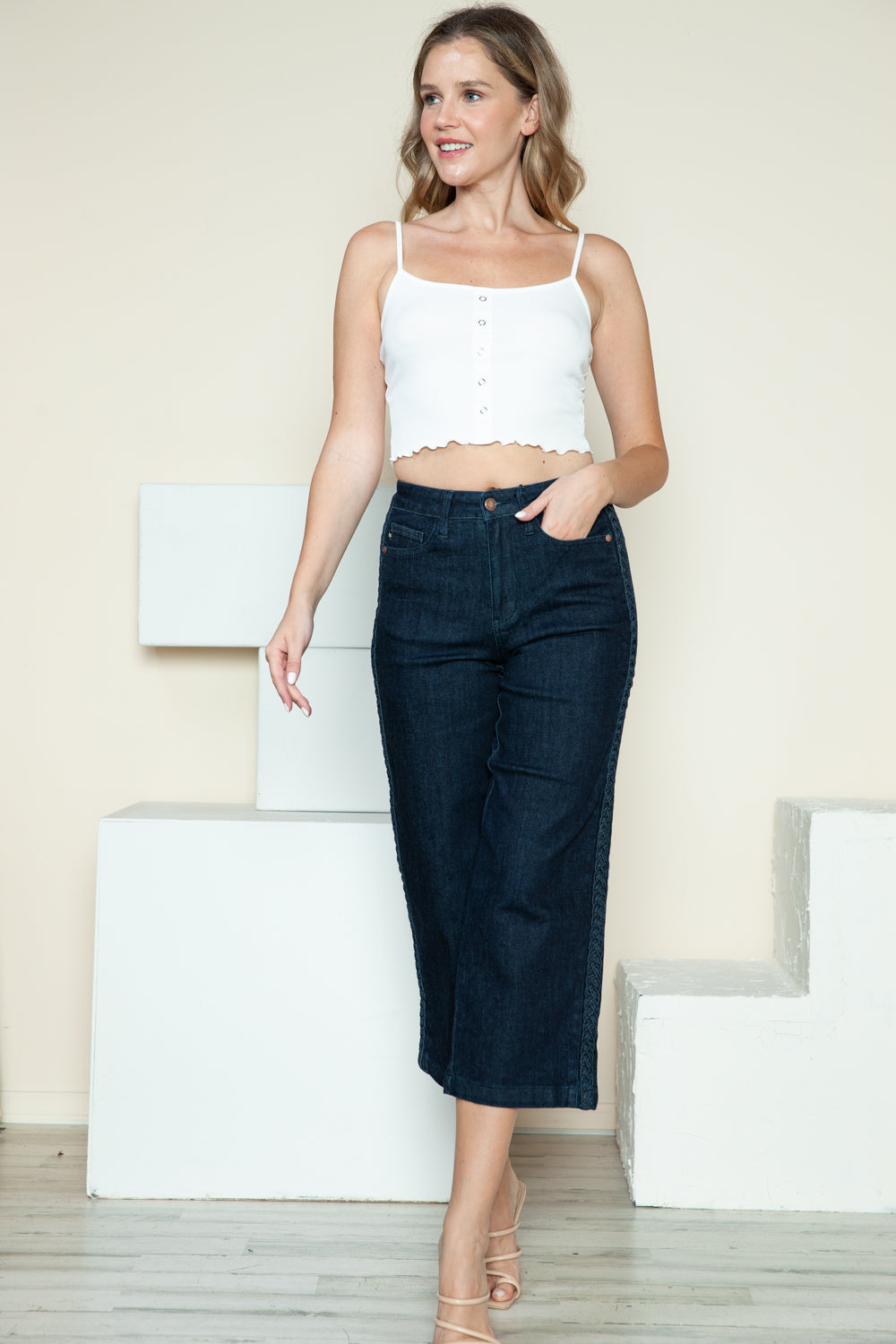 Judy Blue Full Size Side Seam Braid Detail Crop Wide Leg Jeans - Sydney So Sweet