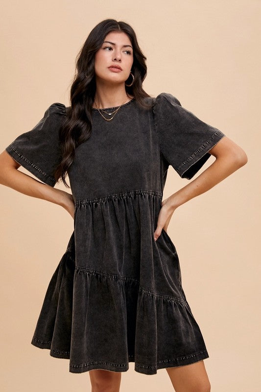 Annie Wear Mineral Washed Round Neck Short Sleeve Denim Dress - Sydney So Sweet