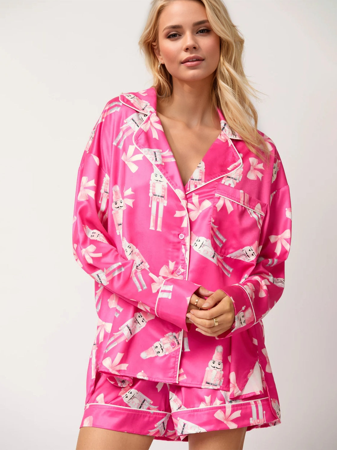 Printed Collared Neck Long Sleeve Top and Shorts Set - Sydney So Sweet