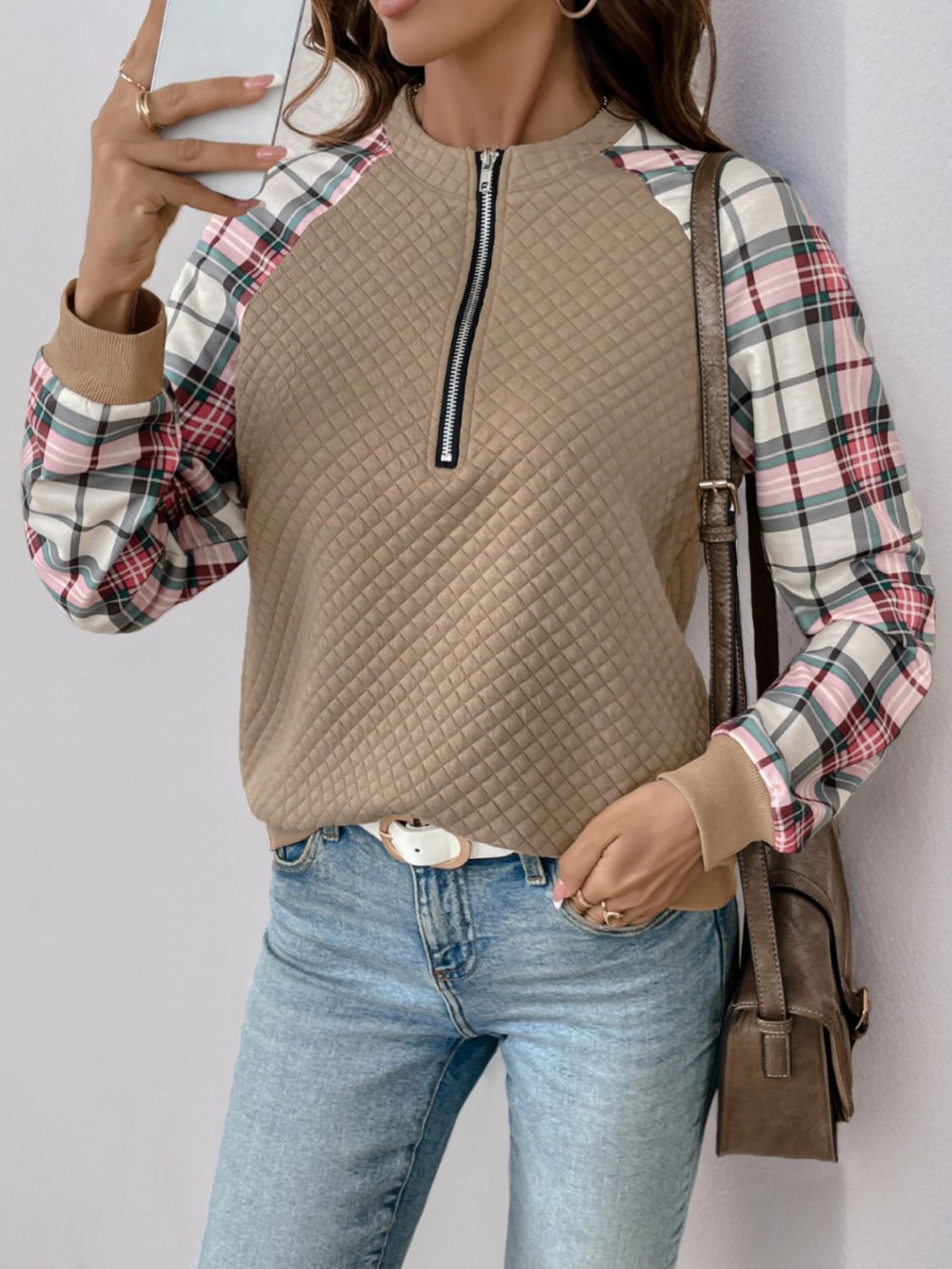 Perfee Plaid Half Zip Long Sleeve Texture Sweatshirt - Sydney So Sweet