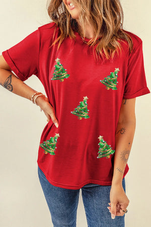 Sequin Christmas Tree Round Neck Short Sleeve T-Shirt - Sydney So Sweet