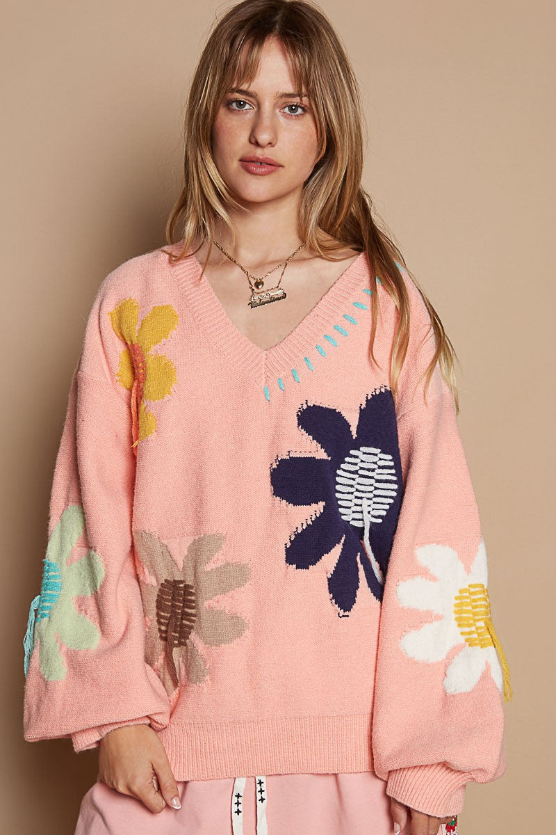 POL V-Neck Long Sleeve Flower Fringe Sweater - Sydney So Sweet