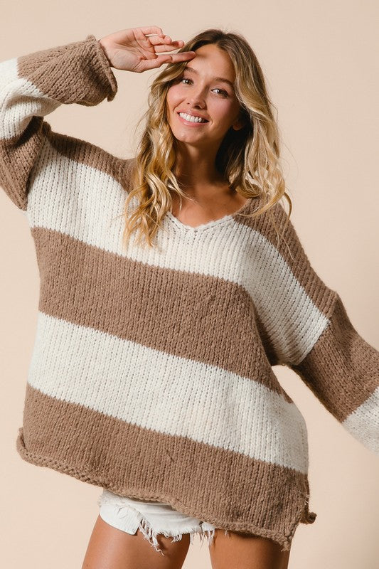 BiBi Slit Striped V-Neck Dropped Shoulder Sweater - Sydney So Sweet