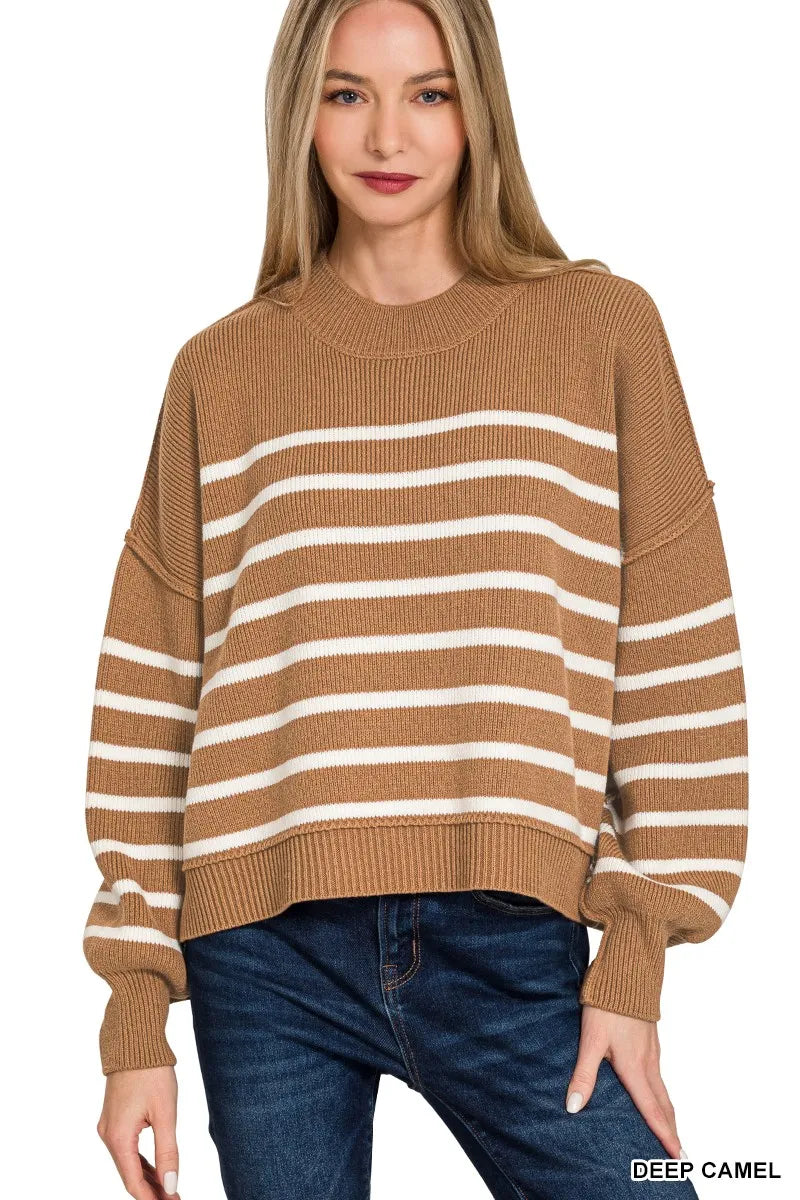 Zenana Exposed Seam Striped Oversized Sweater - Sydney So Sweet