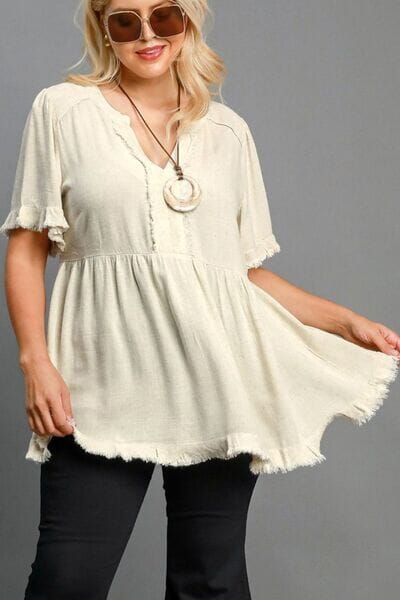 Umgee Full Size Raw Hem Notched Babydoll Linen Blouse Plus Size - Sydney So Sweet