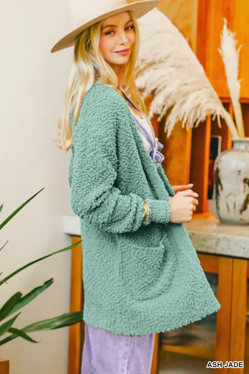 Zenana Long Sleeve Popcorn Sweater Cardigan with Pockets - Sydney So Sweet
