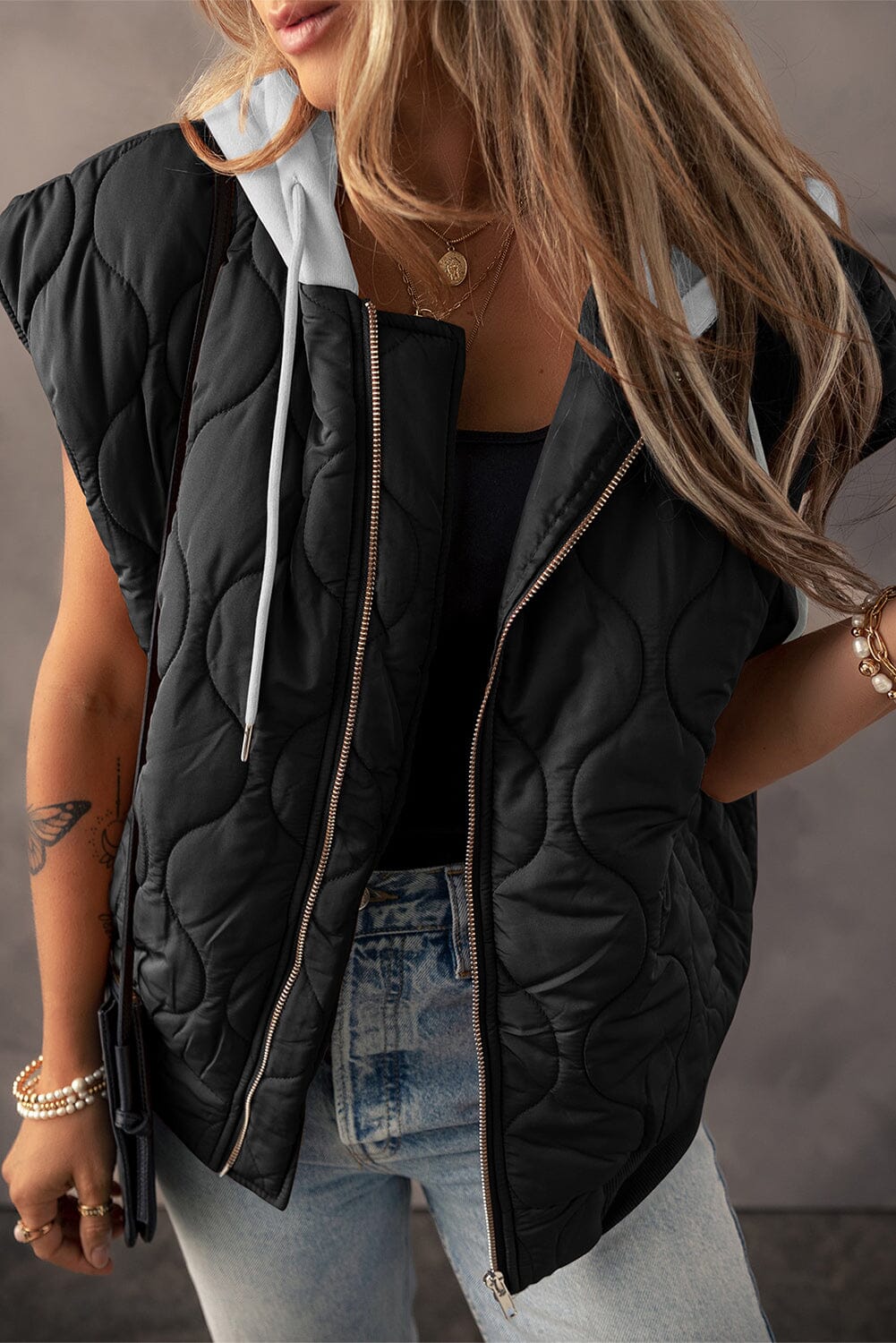 Drawstring Zip Up Hooded Vest Coat - Sydney So Sweet