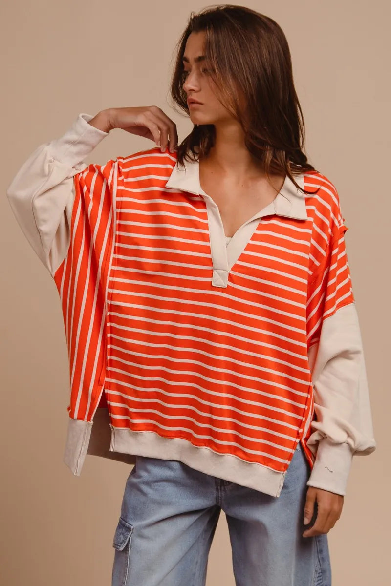 BiBi Stripe Knit Loose Fit Top With Cut Edge Detail - Sydney So Sweet