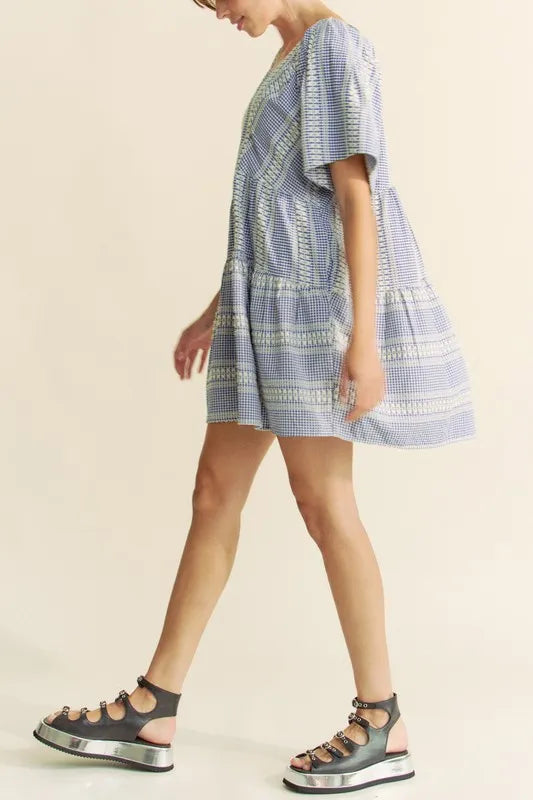 Davi & Dani Embroidered Stripe Ruffled Gingham Mini Dress - Sydney So Sweet