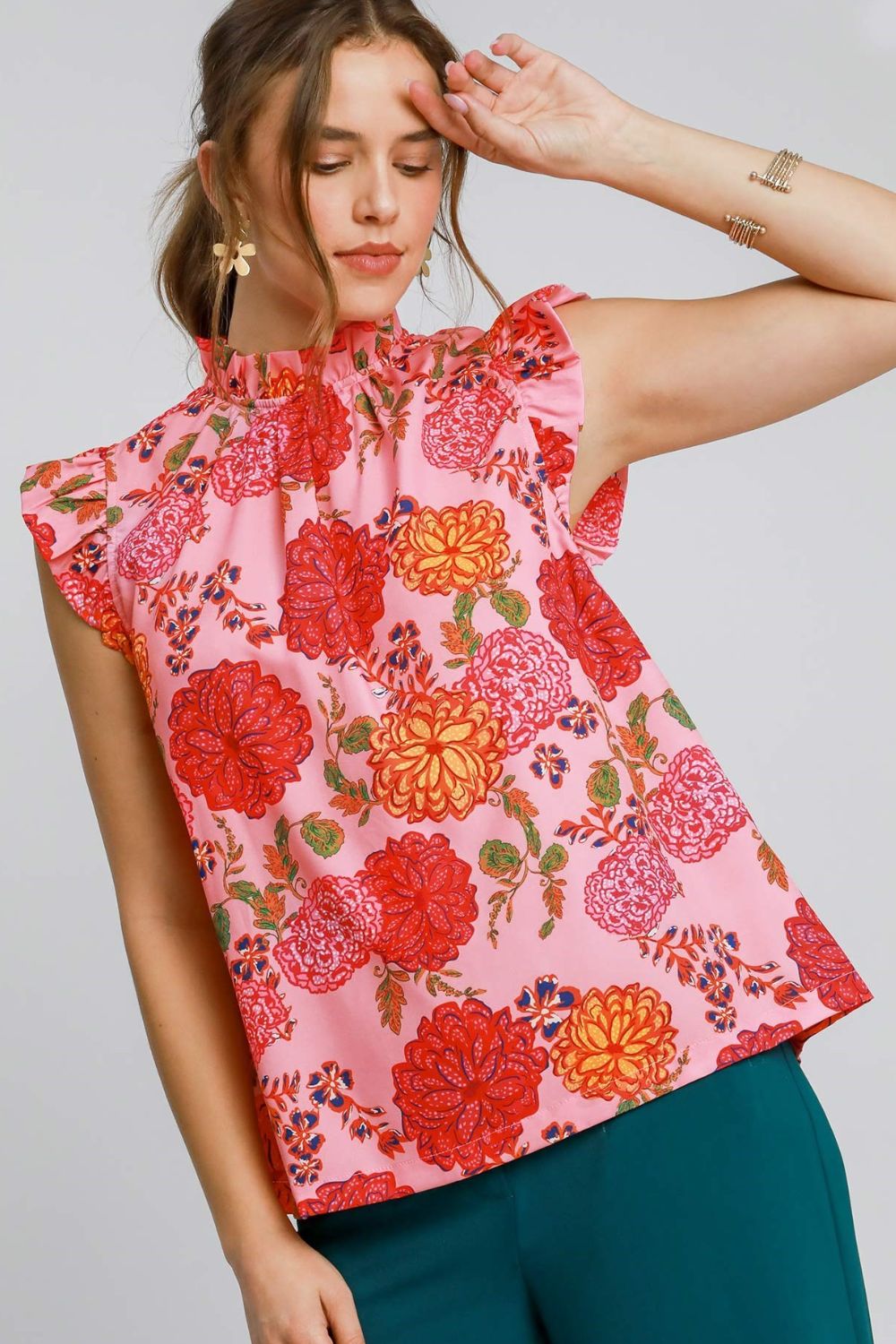 Umgee Full Size Floral Print Ruffled Cap Sleeve Blouse Plus Size - Sydney So Sweet