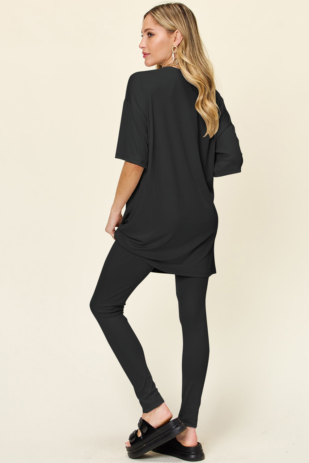 Double Take Full Size Round Neck Dropped Shoulder T-Shirt and Leggings Set - Sydney So Sweet