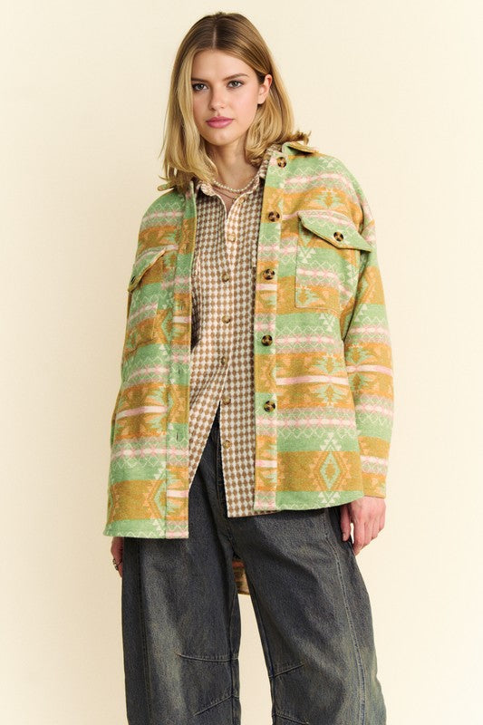 Davi & Dani High-Low Geometric Long Sleeve Shacket with Pockets - Sydney So Sweet