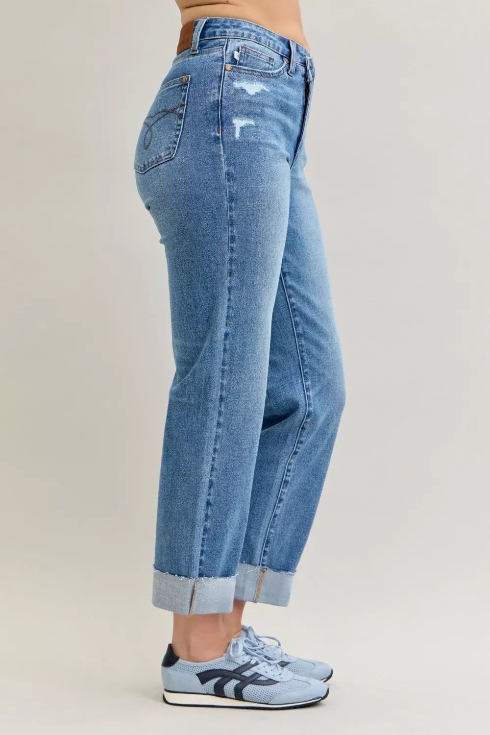 Judy Blue High Waist Bf Criss-cross Mild Destroy Jeans with Single Cuff - Sydney So Sweet