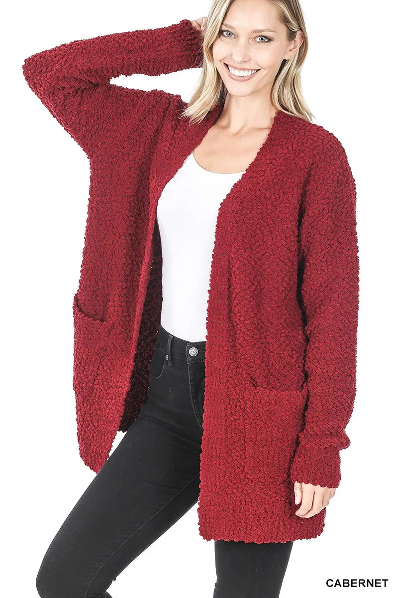 Zenana Long Sleeve Popcorn Sweater Cardigan with Pockets - Sydney So Sweet