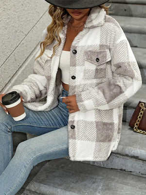 Plaid Dropped Shoulder Long Sleeve Plush Coat - Sydney So Sweet