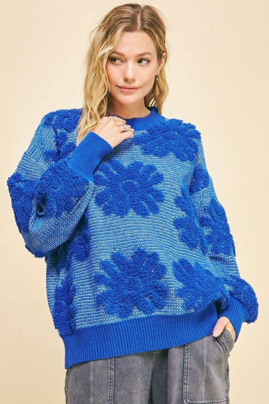Davi & Dani Flower Texture Round Neck Dropped Shoulder Sweater - Sydney So Sweet