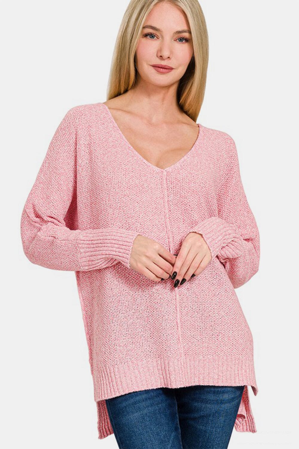 Zenana High-Low Center Seam V-Neck Sweater - Sydney So Sweet