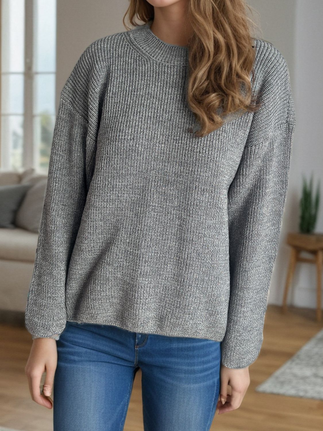 Solid Color Round Neck Long Sleeve Sweater - Sydney So Sweet