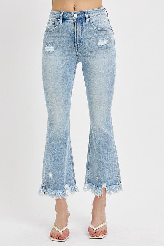 RISEN Full Size Raw Hem Distressed Cropped Flare Jeans Plus Size - Sydney So Sweet
