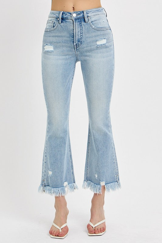 RISEN Full Size Raw Hem Distressed Cropped Flare Jeans Plus Size - Sydney So Sweet