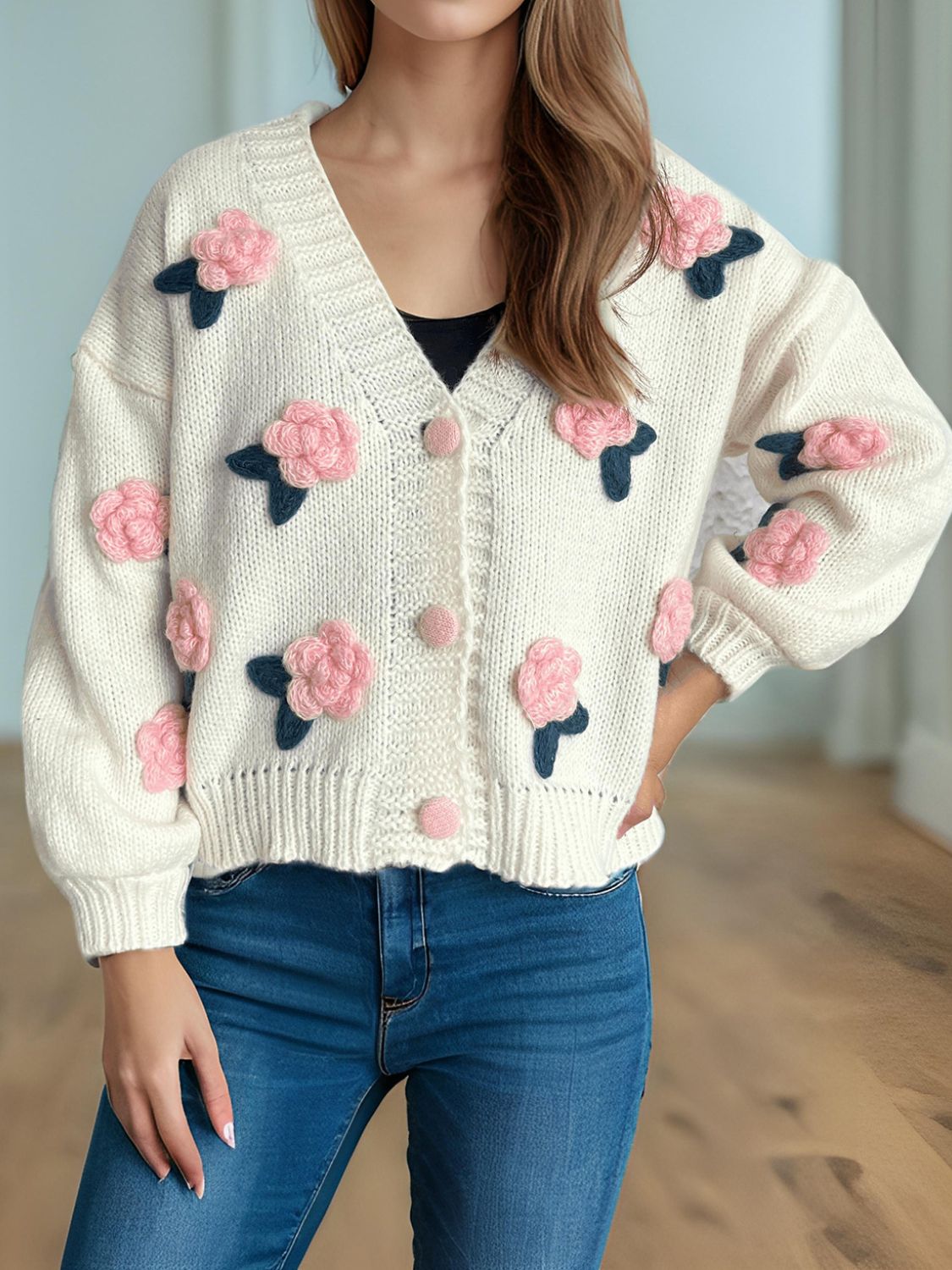 Flower Button Down V-Neck Long Sleeve Cardigan - Sydney So Sweet