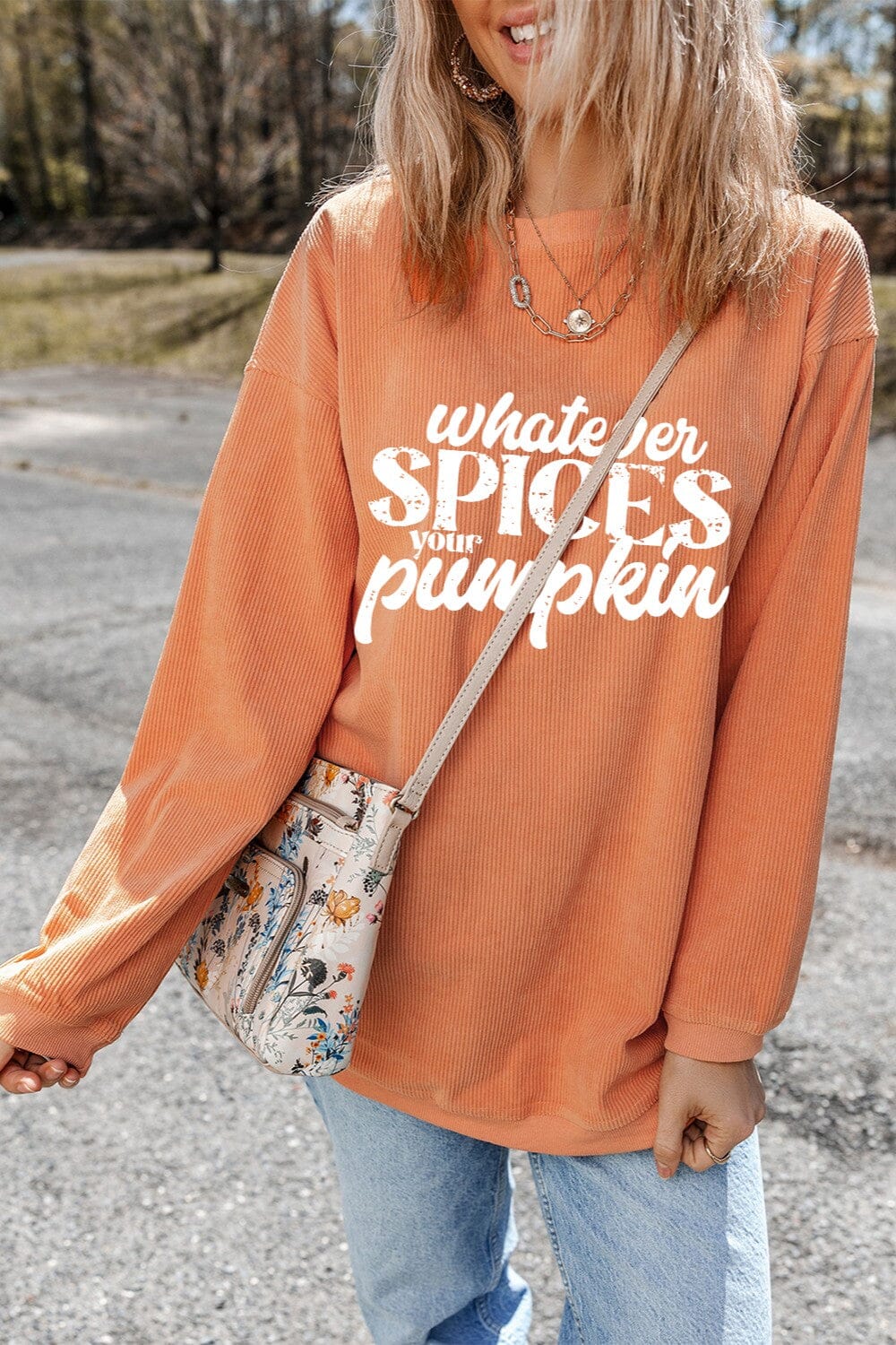 Whatever Spices Your Pumpkin Women's Graphic Long Sleeve Oversize Sweatshirt - Sydney So Sweet