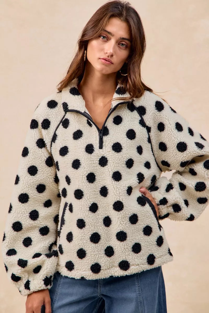 BiBi Polka Dot Sherpa Half Zip Up Top with Side Pocket - Sydney So Sweet