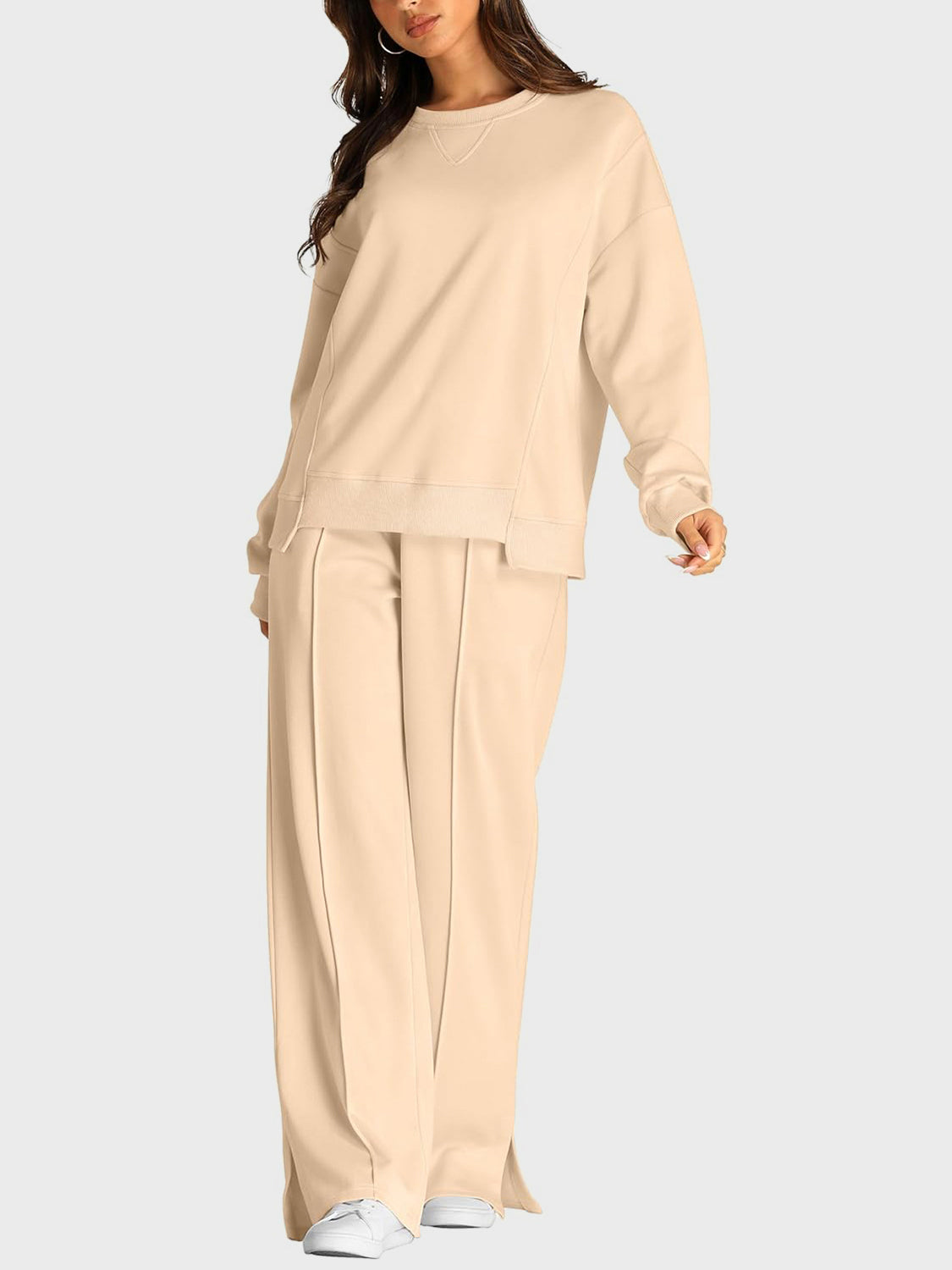 Round Neck Long Sleeve Top and Slit Pants Set - Sydney So Sweet