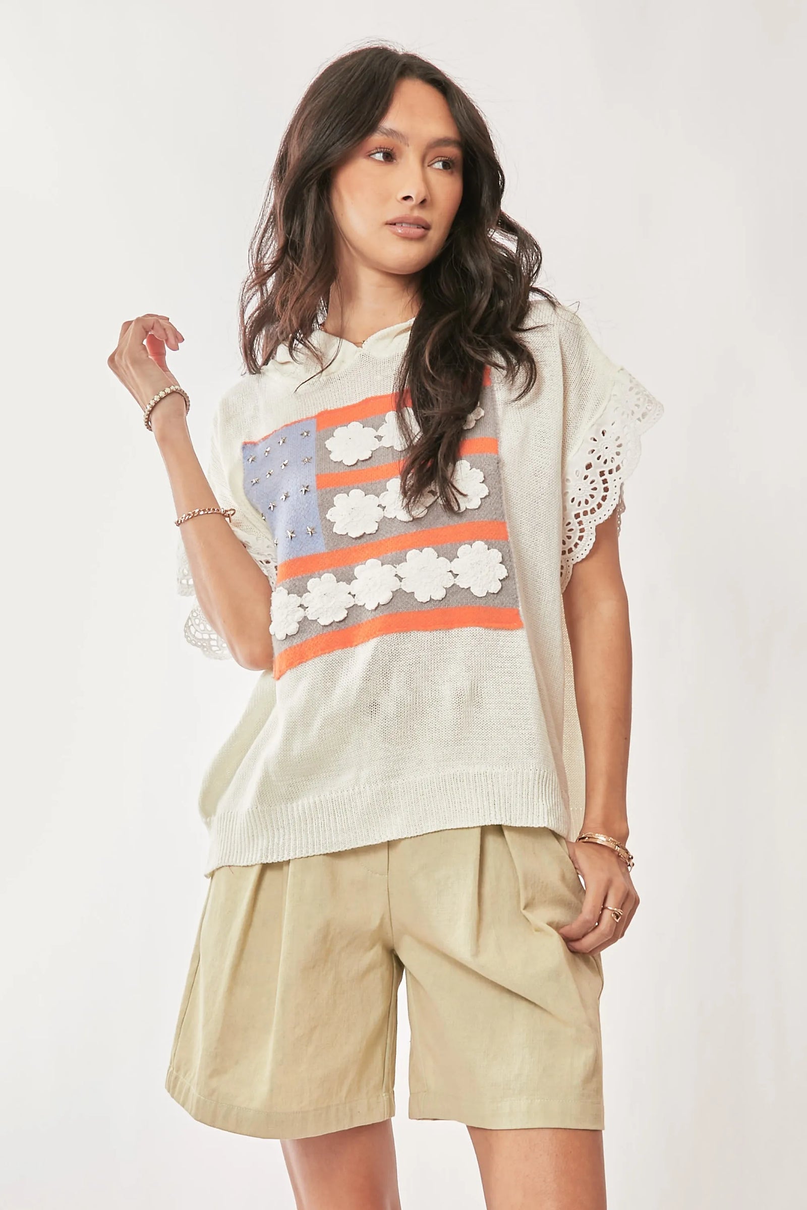 Davi & Dani American Flag Loose Fit Lace Sleeve Hoodie Top - Sydney So Sweet