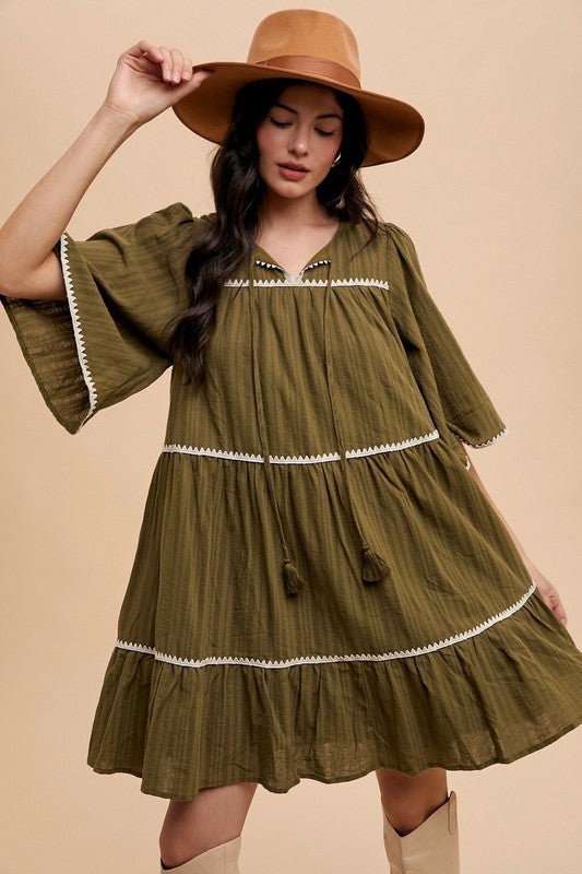 Annie Wear Tassel Contrast Trim Tie Neck Half Sleeve Tiered Dress - Sydney So Sweet