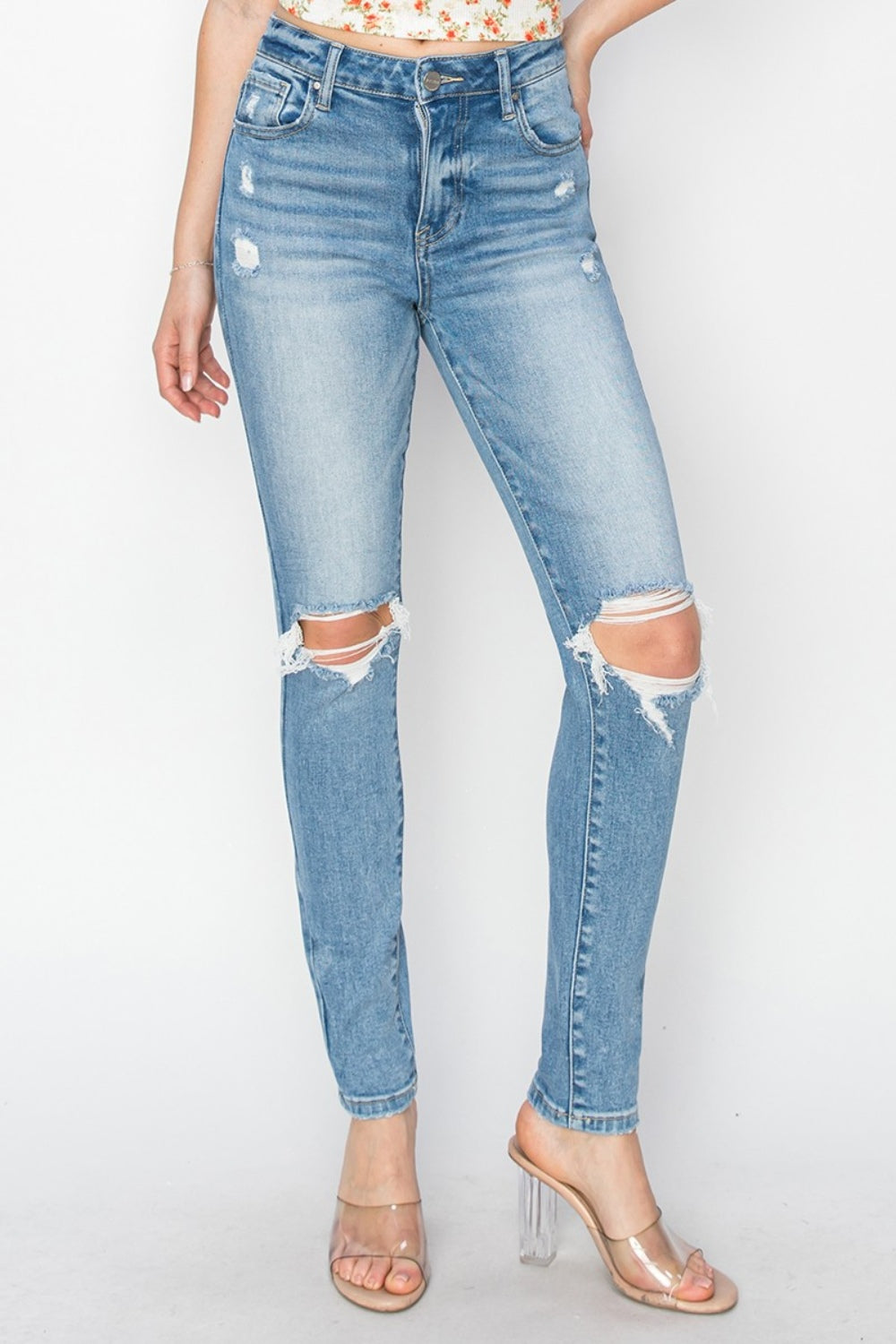 Risen Full Size High Rise Knee Distressed Skinny Jeans - Sydney So Sweet