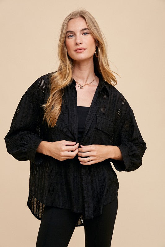 Annie Wear Openwork Button Down Drop Shoulder Shirt - Sydney So Sweet