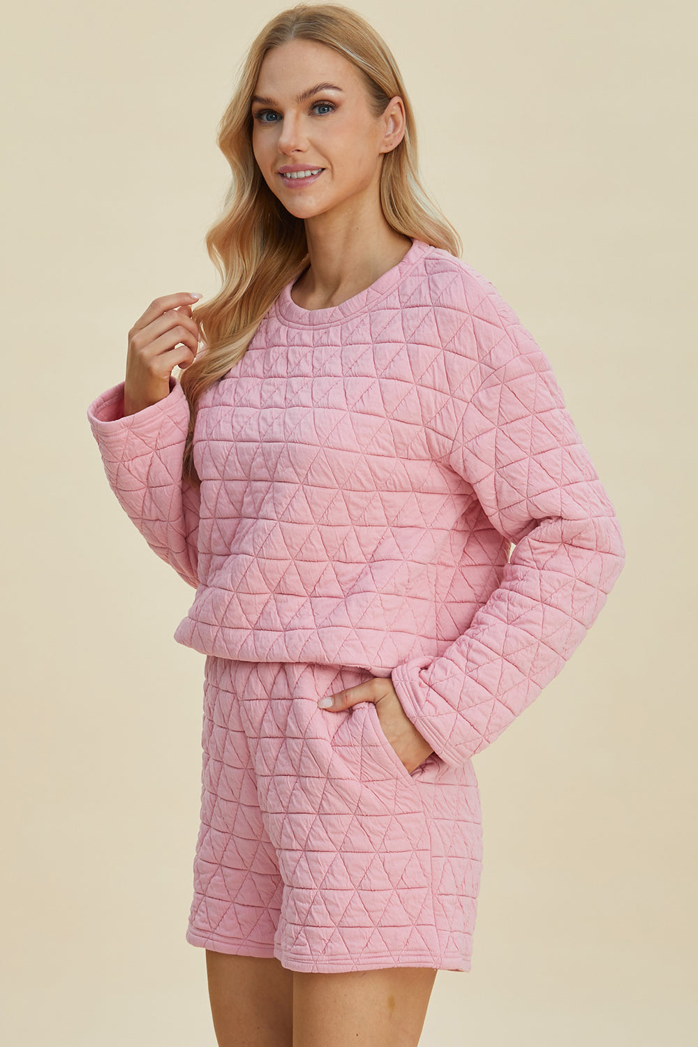 Double Take Full Size Texture Round Neck Long Sleeve Top and Shorts Set - Sydney So Sweet