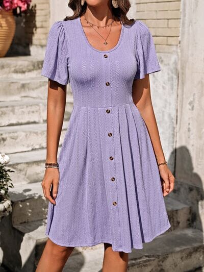 Decorative Button Scoop Neck Short Sleeve Dress - Sydney So Sweet