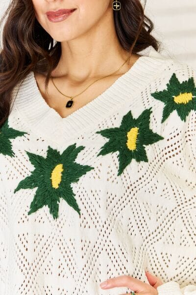 POL Floral Embroidered Pattern V-Neck Sweater - Sydney So Sweet