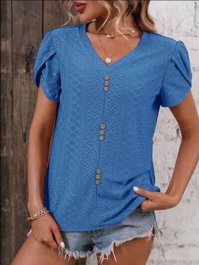 Eyelet V-Neck Petal Sleeve T-Shirt - Sydney So Sweet