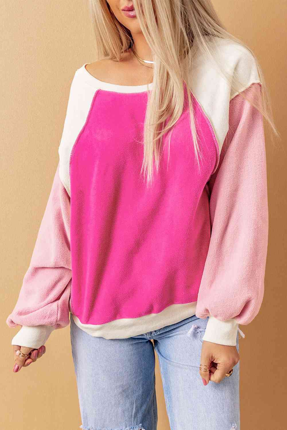 Round Neck Dropped Shoulder Color Block Sweatshirt - Sydney So Sweet