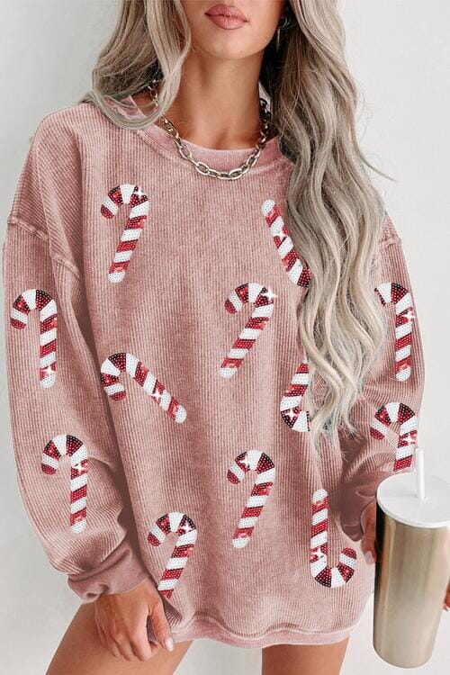 Sequin Candy Cane Round Neck Sweatshirt - Sydney So Sweet