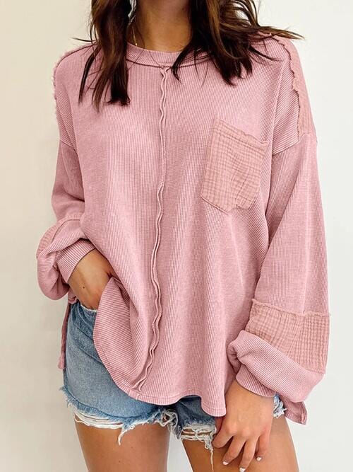 Waffle-Knit Exposed Seam Lantern Sleeve Blouse - Sydney So Sweet