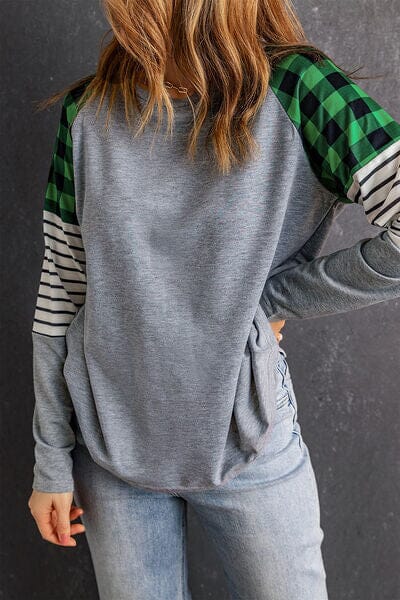 Striped Plaid Round Neck Long Sleeve T-Shirt - Sydney So Sweet