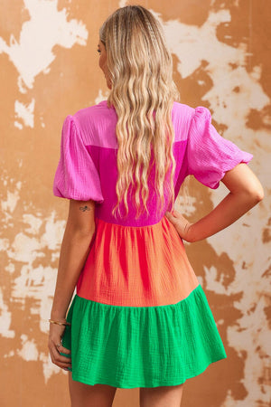 Color Block Buttoned Puff Sleeve Dress - Sydney So Sweet