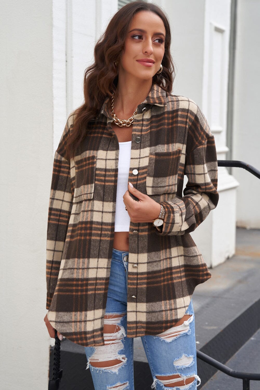 Plaid Curved Hem Dropped Shoulder Longline Shirt Jacket - Sydney So Sweet