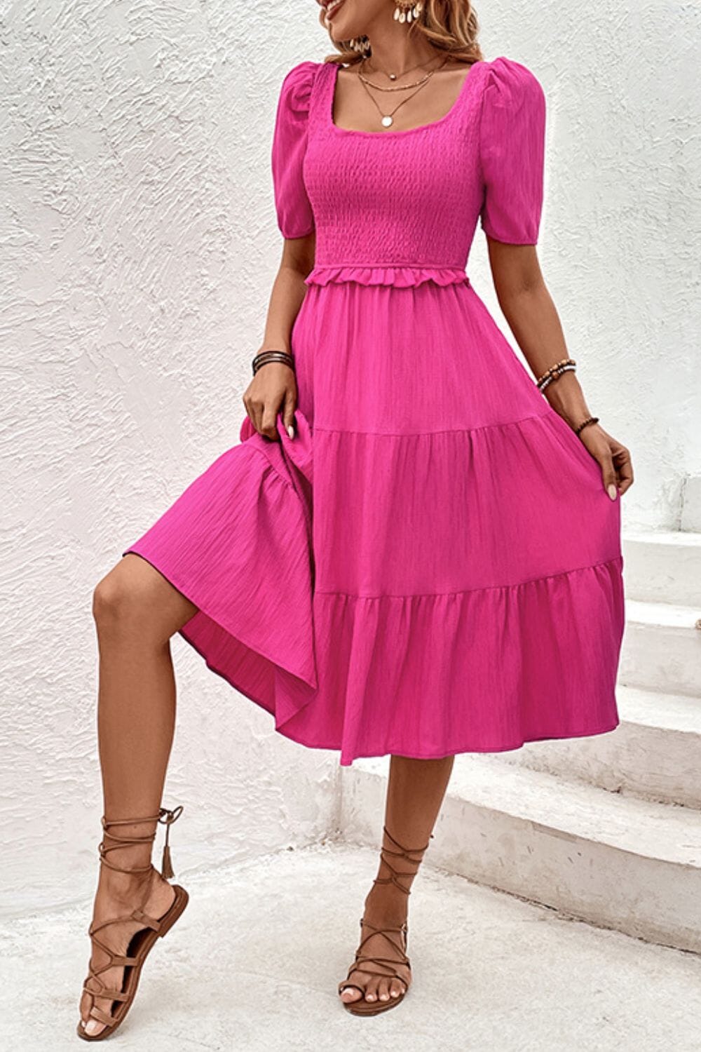 Square Neck Puff Sleeve Cutout Dress - Sydney So Sweet