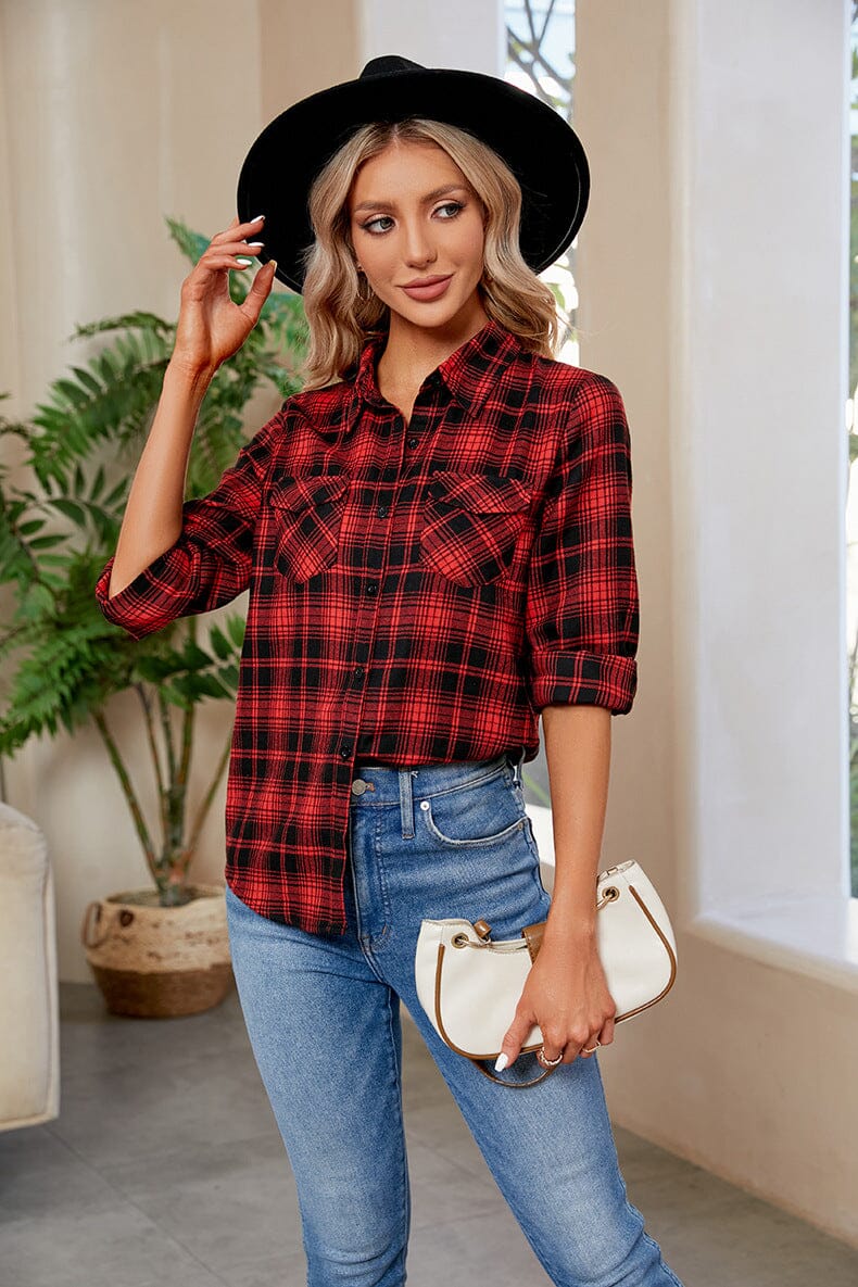 Plaid Curved Hem Long Sleeve Plaid Shirt - Sydney So Sweet