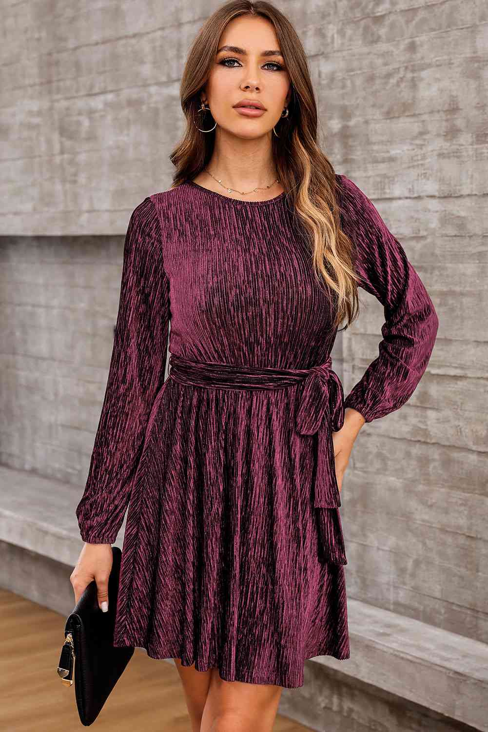 Round Neck Tie Front Long Sleeve Dress - Sydney So Sweet